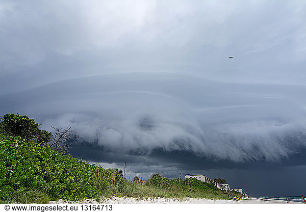 Arcuswolke über Gebäuden und Vegetation am Strand  Satellite Beach  Florida  USA