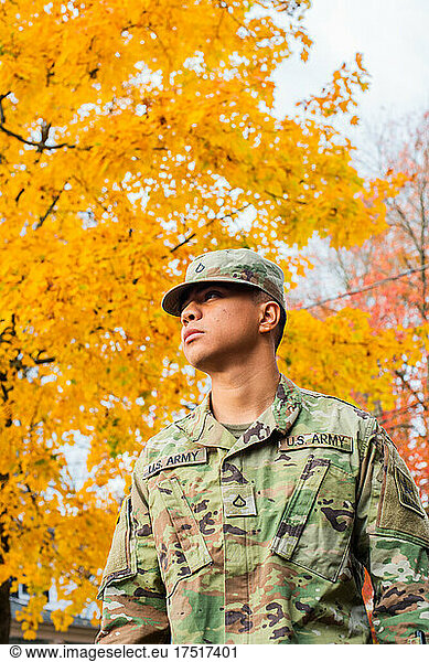 Army private in fatigues in the autumn