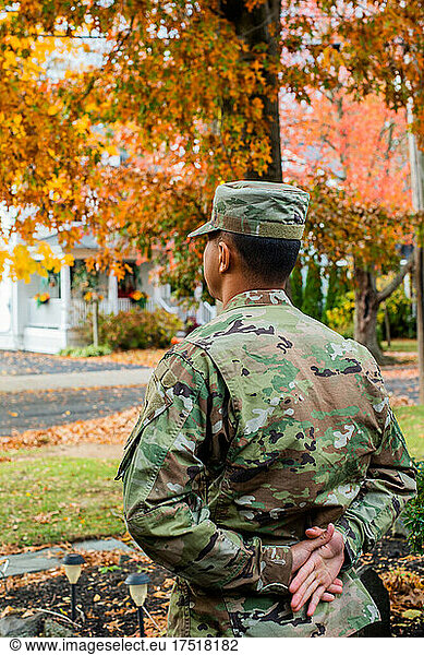Army private in fatigues in the autumn