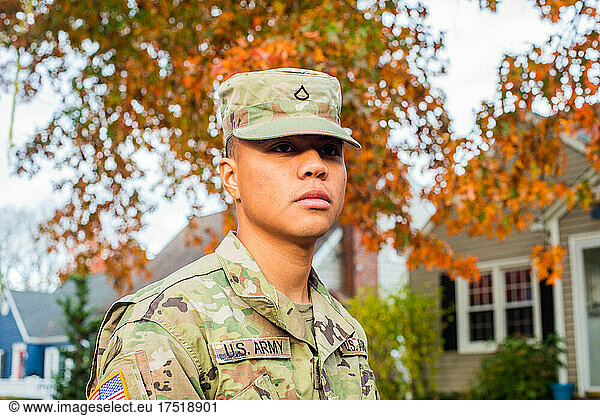 Army private in fatigues in the autumn