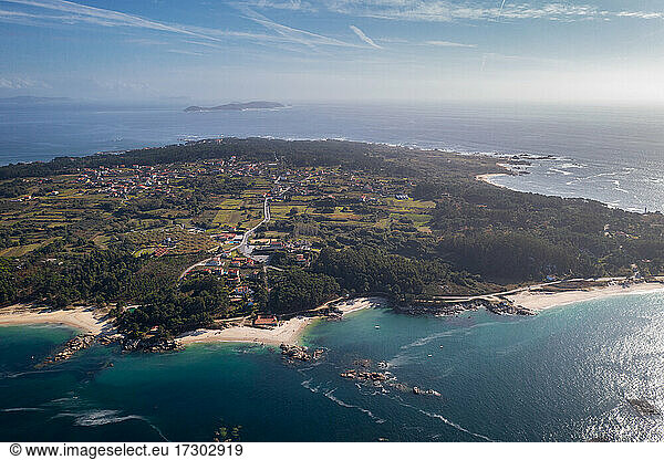 Arousa island drone panorama view of paradise wild beaches