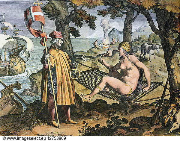 ARRIVAL OF AMERIGO VESPUCCI in the New World. (Vespucci meeting the allegorical representation of America). Engraving by Theodoor Galle after the drawing  c1580  by Stradanus.