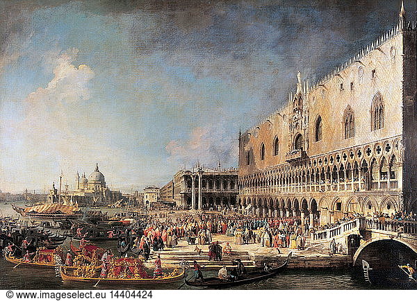 Arrival of the French Ambassador in Venice"  c1740s. Oil on canvas. Giovanni Antonio Canal (1697-1768) called Canaletto  Venetian painter. Italy Doge Palace Gondola Diplomacy Water Architecture
