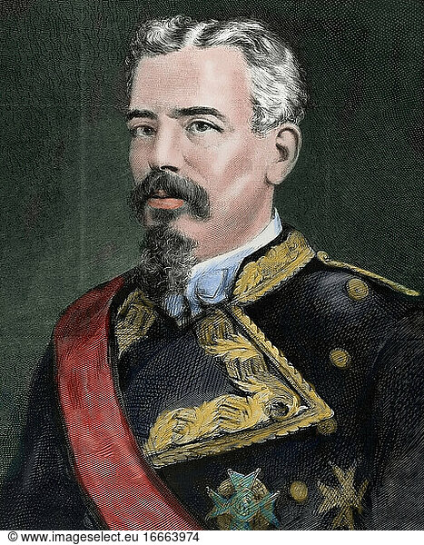 Arsenio Martinez Campos y Anton (1831-1900). Spanish officer  who rose against the First Spanish Republic in a military revolution in 1874 and restored Spain's Bourbon dynasty. Engraving by La Ilustracion Espanola y Americana. Colored.