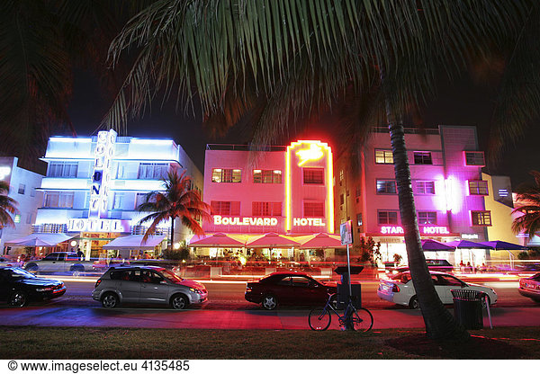 Art Deco Hotels and Bars at the Ocean Drive in the evening  Miami Beach  Florida  USA