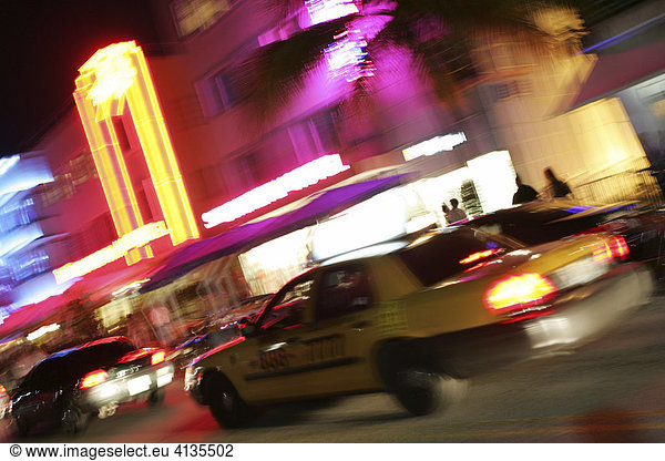 Art Deco Hotels and Bars at the Ocean Drive in the evening  Miami Beach  Florida  USA