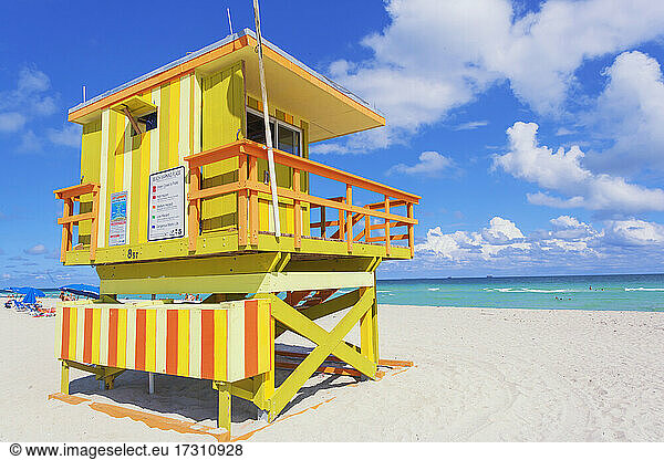 Art Deco Lifeguard hut on South Beach  Ocean Drive  Miami Beach  Miami  Florida  United States of America  North America