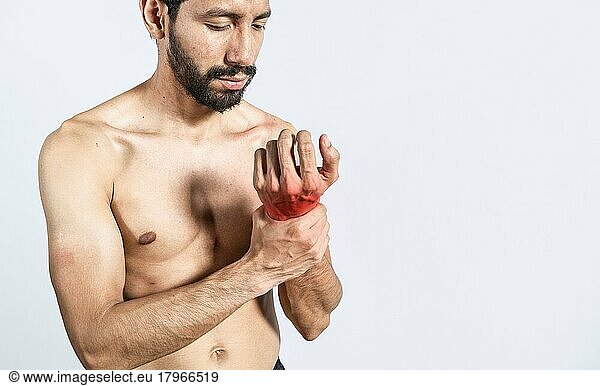 Arthritis wrist concept  Person with wrist pain  Man with pain in hands concept  Arthritis man rubbing