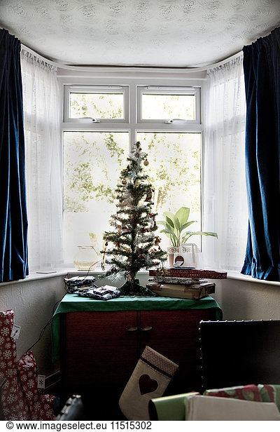 Artificial christmas tree in bay window