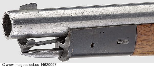 Artillery carbine  Test model  circa 1860. Cal. 15.5 mm  without number or acceptance marks. Bright  four-groove rifled bore  barrel length 29.5 cm. On upper side triangular front sight and dovetailed rear sight. Bolt mechanism faulty. Walnut stock with butt compartment and blued iron furniture. Retainable and spring-secured triangle bayonet integrated in fore-end. Surfaces expertly reworked. Length 72 cm. Extraordinarily rare test model  presumably manufactured at Crause's in Herzberg  which took up the basic structure of the Prussian JÃ¤gerbÃ¼chse M 1854  the so-called 'PikenbÃ¼chse'. Another specimen is exhibited an the Landesmuseum in Brunswick  historic  historical  19th century  Braunschweig  Brunswick  German  Germany  Northern Germany  the North of Germany  object  objects  stills  clipping  cut out  cut-out  cut-outs  firearm  fire arm  gun  fire arms  firearms  guns  handgun  weapon  arms  weapons  arms