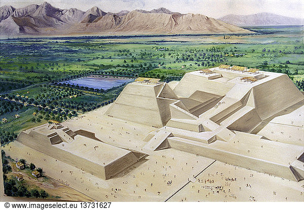 Artist´s impression of the temple-tomb pyramid at Sipan  Lambayeque Valley  Several gold-rich burials of high-ranking Moche were found here. Peru. Moche. AD 100 - 600. north coastal Peru.
