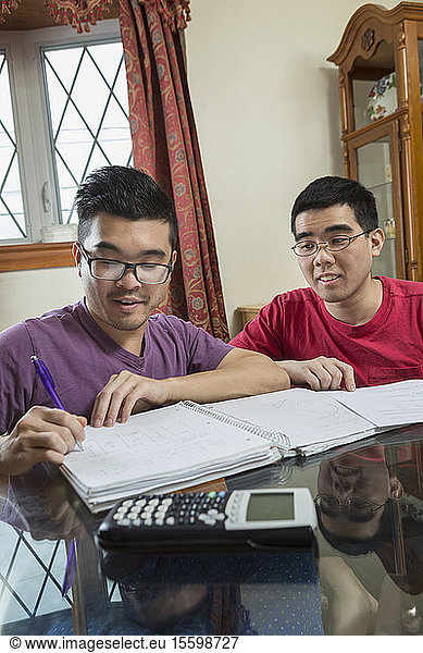 Asian man with Autism working on his homework with his brother