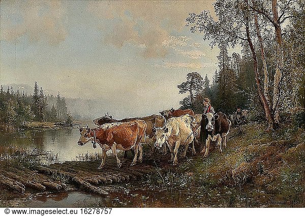 Askevold Anders Monsen - Das Vieh in Bewegung - Norwegische Schule - 19. Jahrhundert.