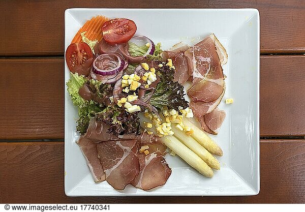 Asparagus salad with ham served in a Franconian inn  Bavaria  Germany  Europe