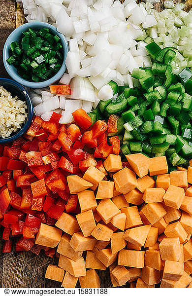 Assorted diced vegetables for a chili con carne recipe