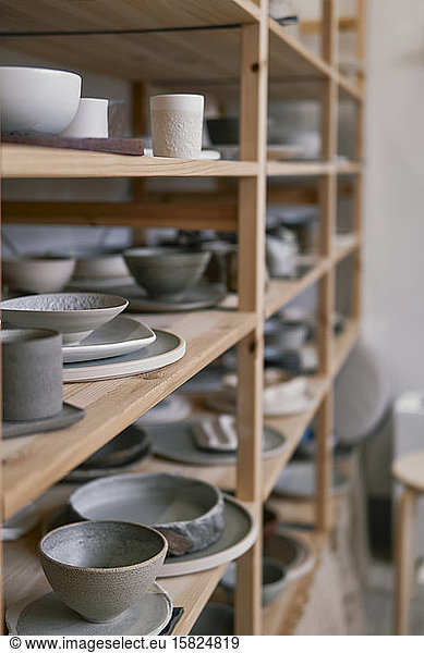 Assortment of products on shelf in a pottery