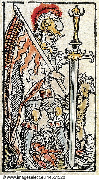 astrology  planets  Mars  with ascendant Cancer and Aries  from Augsburg calendar  woodcut  coloured  early 16th century  historic  historical  private collection  ascendant  ascendent  ascendants  ascendents  in the ascendant  sword  swords  flag  flags  banner  soldier  soldiers  warrior  warriors  man  men  full length  people  male