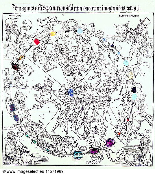 astrology  zodiac signs  zodiac and jewels  woodcut by Albrecht DÃ¼rer  circa 1520