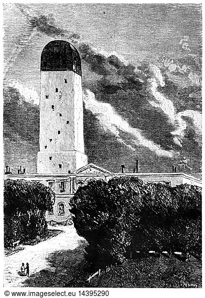 Astronomical observatory at Cambridge  Massachusetts. The Director of the observatory observed the launch of the space craft "Columbiad" from the observatory"s reflecting telescope situated on the Rocky Mountains. From Jules Verne "De la Terre a la Lune"  Paris  1865. Wood engraving.