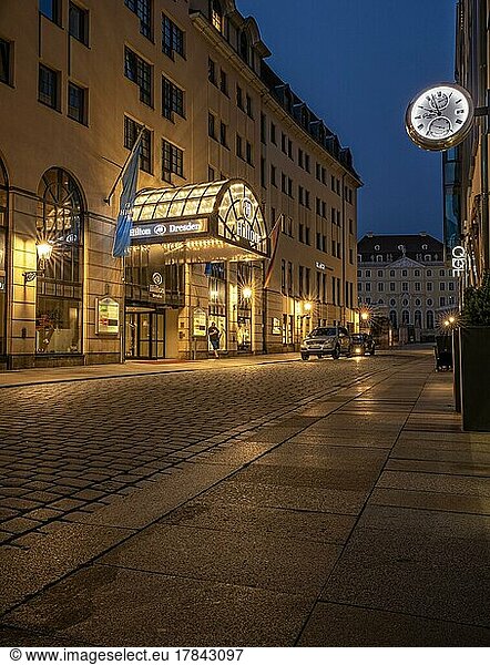 At night in the street of the Hilton Hotel  Dresden  Germany  Europe