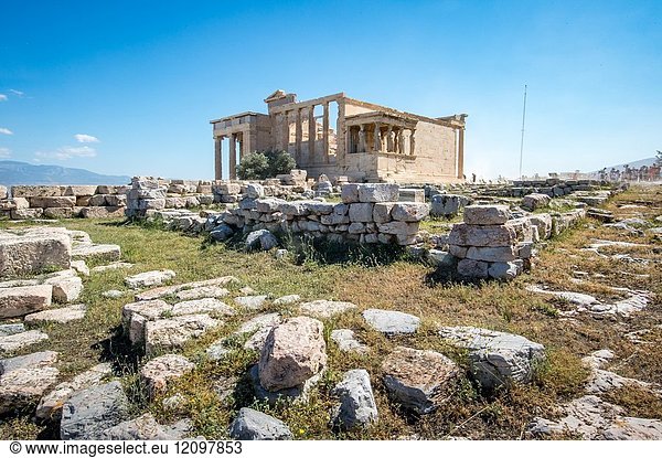 Athens Greece- Historic ruins of the ancient Acropolis - temple of Erechtheion (421–406 BC).
