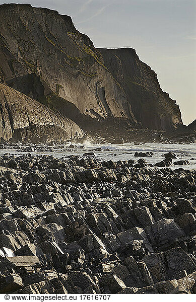 Atlantic coastline cliffs  on the north coast of Devon  England.; Damehole Point  Devon  Great Britain.