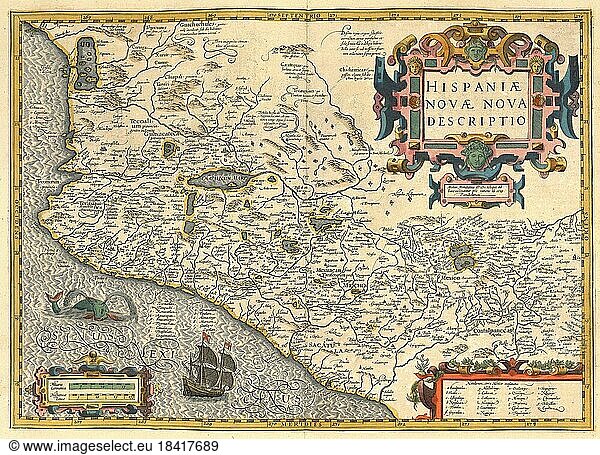 Atlas  Landkarte aus dem Jahre 1623  Vizekönigreich Neuspanien (1535?1822) in Lateinamerika  digital restaurierte Reproduktion von einem Kupferstich von Gerhard Mercator  geboren als Gheert Cremer  5. März 1512  2. Dezember 1594  Geograph und Kartograf