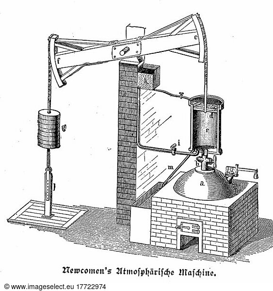 Atmosphärische Maschine nach Newcomen  Prinzipzeichnung der Newcomenschen Dampfmaschine  England  Historisch  digitale Reproduktion einer Originalvorlage aus dem 19. Jahrhundert