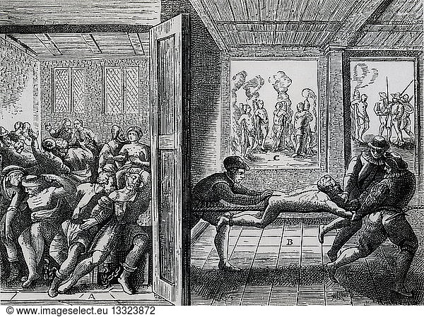 Atrocities perpetrated against French Roman Catholics by Huguenot Protestants. Left: Chained in pairs and shut in room without food or water. Right: Naked man drawn bakc and forth across a rope.