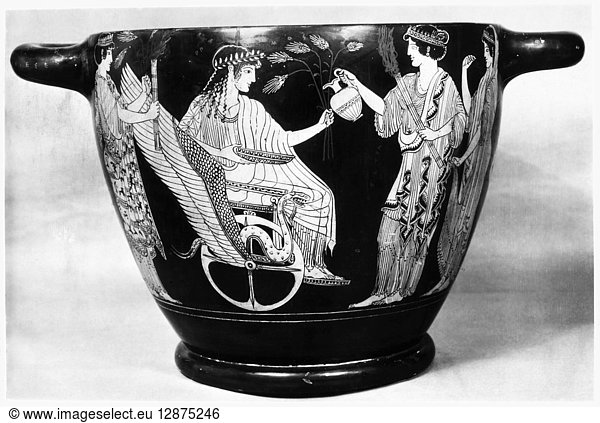 ATTIC SKYPHOS  490-480 B.C. Attic red-figured Skyphos. Triptolemos with the Eleusinian goddesses  Demeter and Persephone. 490-480 BC. Height 21.5 cm.