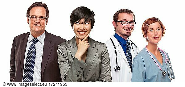 Attractive mixed race women and businessman with doctors or nurses before a white background