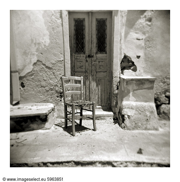 Außenaufnahme Europa Stuhl Gebäude Vernichtung Santorin Kykladen Erdbeben Griechenland Griechische Inseln Oia Ia alt Polaroid