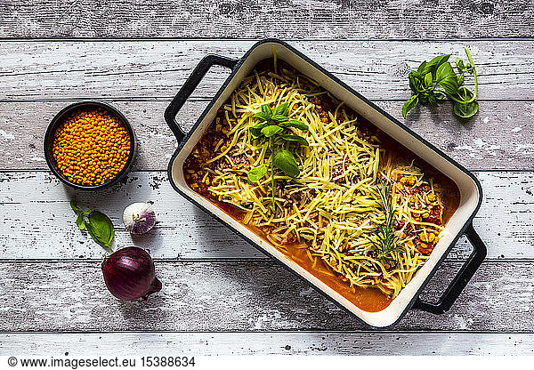 Aubergine lasagne in a casserole