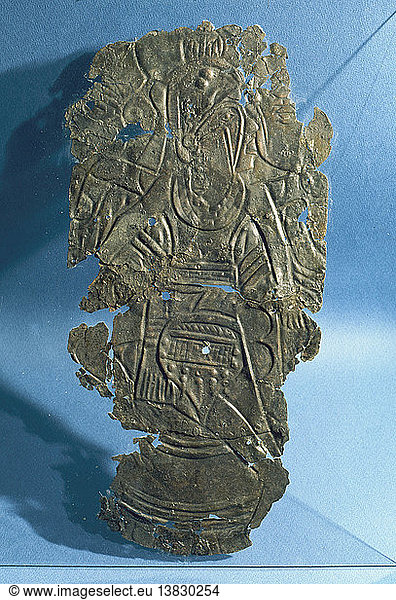 Auf Kupfer geprägte Figur des Südkultes  USA. Mississippi-Kultur Südlicher Kult. ca. 1000 AD. Östliche Woodlands.