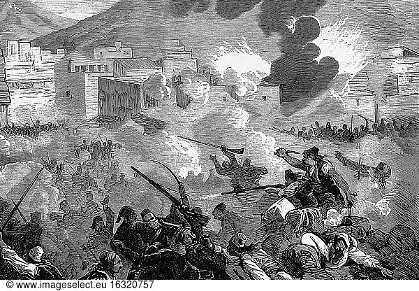 Aufstand in der Herzegowina gegen das Otomanische Reich bei Trebinje. Antike Illustration. 1875.