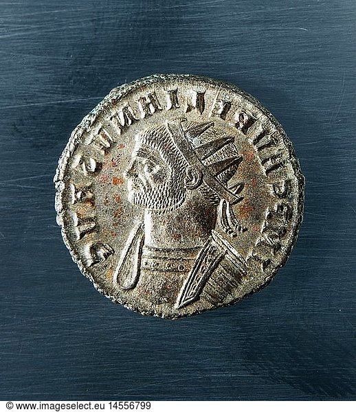 Aurelianus  Lucius Domitius  9.9.214 - Oktober 275  rÃ¶m. Kaiser 270 - 275  PortrÃ¤t  Profil  MÃ¼nzbild  Kupfer mit Silberauflage  274  20mm  3 2 g  Privatsammlung MÃ¼nchen