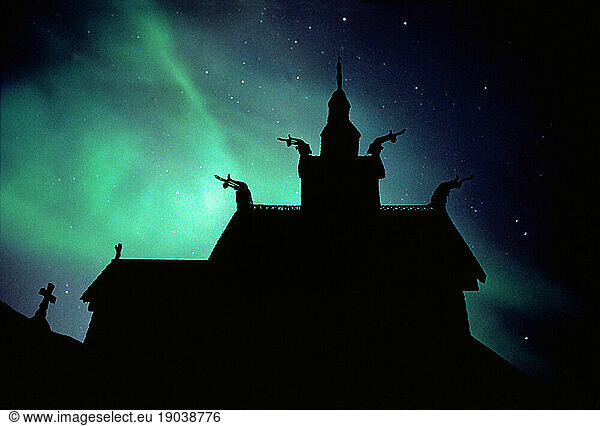 Aurora borealis over Borgund stavechurch
