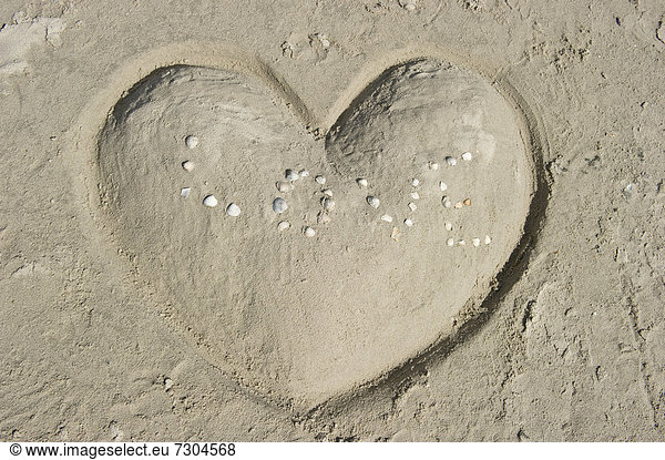 Aus Sand geformtes Herz mit Schriftzug LOVE aus Muscheln  St Peter-Ording  Nordfriesland  Schleswig-Holstein  Deutschland  Europa