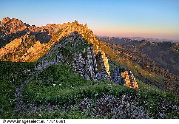 Ausblick vom Bergwanderweg auf das Alpsteingebirge im Appenzellerland  wolkenloser Himmel im Morgenlicht  Kanton Appenzell Innerrhoden  Schweiz  Europa