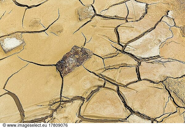 Ausgetrockneter Boden und Steine  Trockenrisse nach Überschwemmung  Dürre  Klimawandel  Andalusien  Spanien  Europa