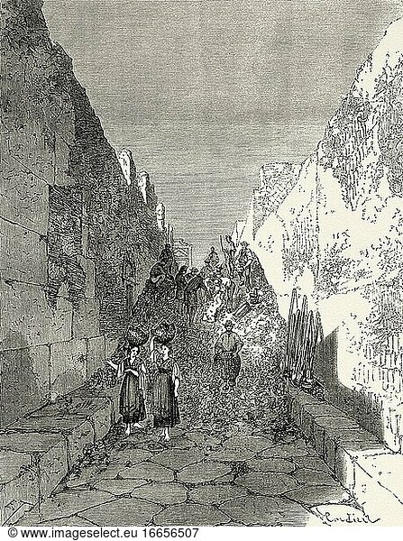 Ausgrabung in einer Gasse von Pompeji  Kampanien  Italien  Europa. Alter Stich aus dem XIX. Jahrhundert aus Pompeji und die Pompejaner von Marco Monnier  Le Tour du Monde 1864.