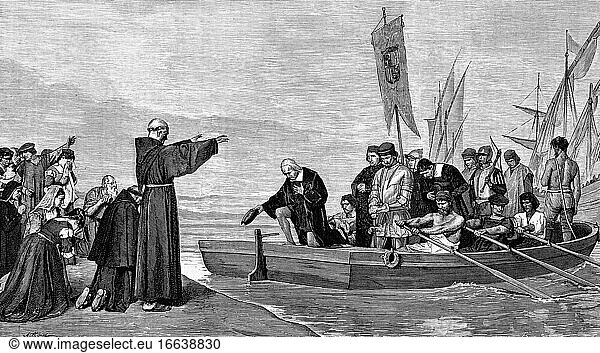 Auslaufen von Christoph Kolumbus aus dem Hafen von Palos  Spanien  zur Entdeckung Amerikas. 3. August. 1492  Antike Illustration. 1875.