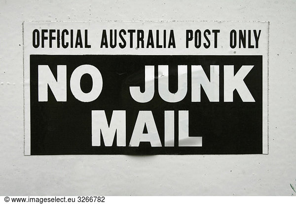 Australia  Queensland  Letter box with caution label  No junk mail  close-up