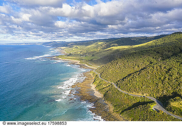 Australia  Victoria  Aerial view of stretch of Great Ocean Road in summer
