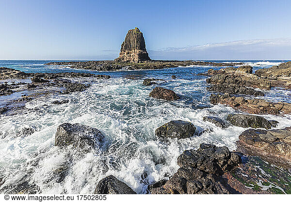 Australia Victoria Cape Schanck Rocky coastline with Pulpit Rock in background