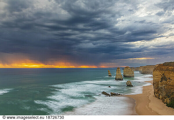 Australia  Victoria  Long exposure of storm clouds over Twelve Apostles in Port Campbell National Park