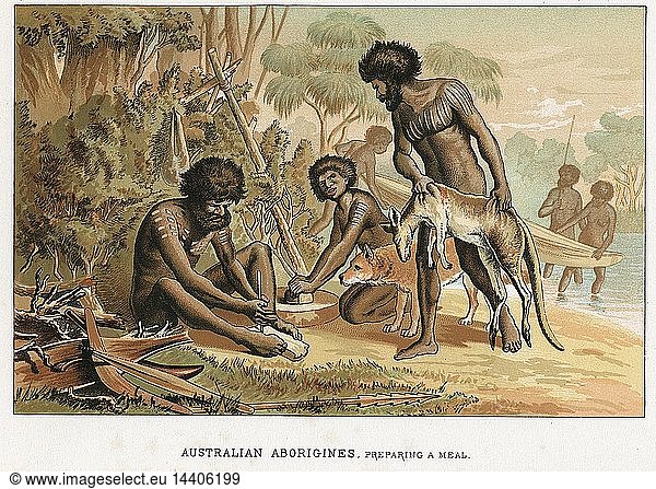 Australian natives preparing meal from animal they have hunted. Man on left makes fire by blister method. Chromolithograph c1895