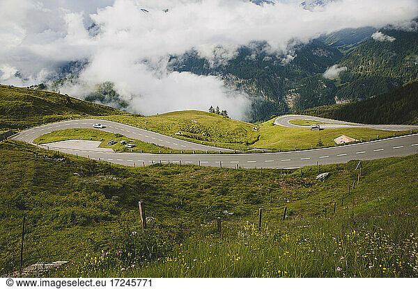 Austria  Carinthia  High angle view of car on winding Grossglockner High Alpine Road