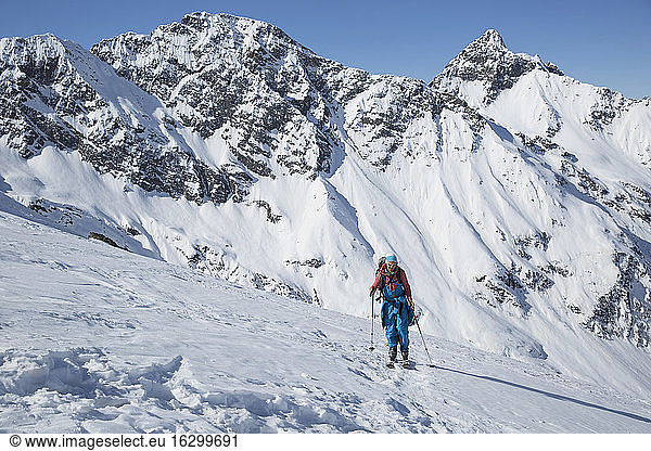 Austria  East Tyrol  Defereggental  Man backcountry skiing