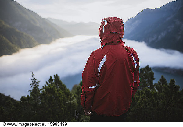 Austria  Plansee  Rear view of man in red jacket standing in Austrian Alps